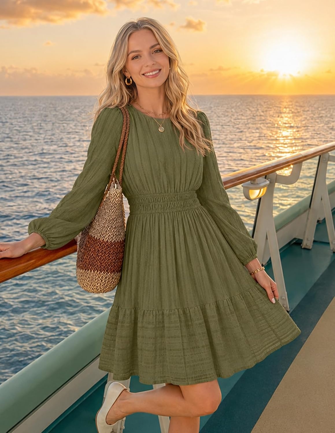 image:imageMEROKEETY Womens Fall Long Puff Sleeve Casual Boho Flowy Dress Crew Neck Elastic Waist Tiered Ruffle Hem Cotton A Line Mini Vacation Dresses Bridal Shower Cocktail Date Night OutfitsArmy