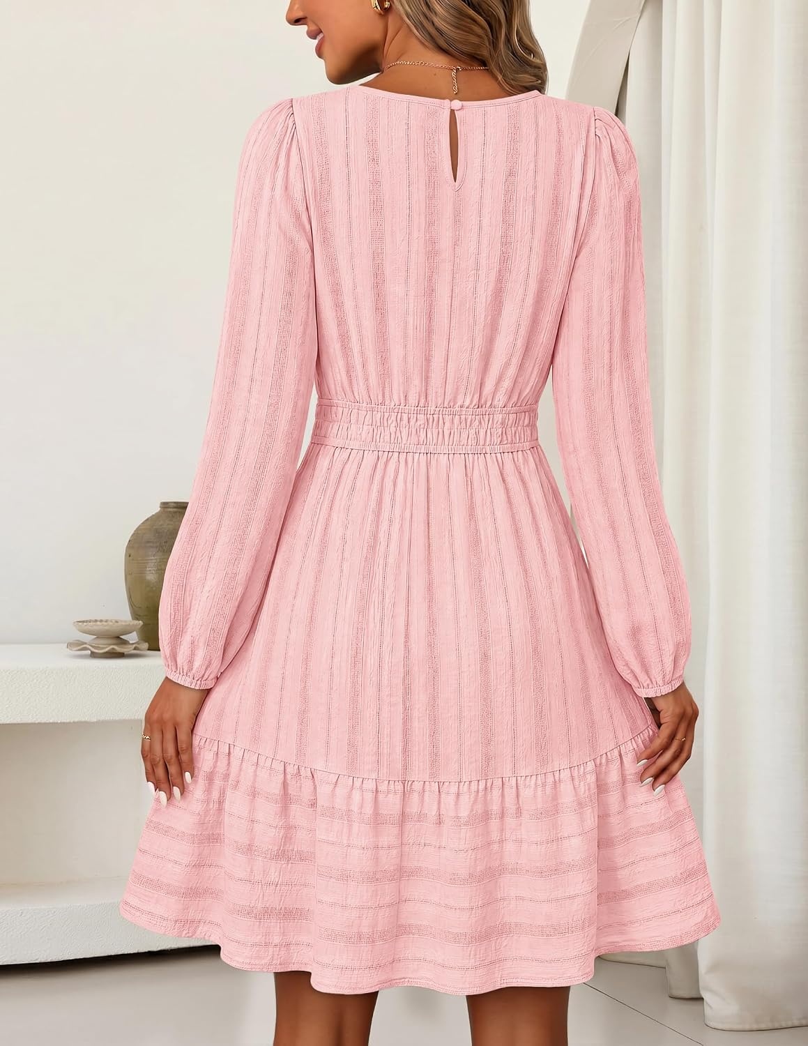 image:imageMEROKEETY Womens Fall Long Puff Sleeve Casual Boho Flowy Dress Crew Neck Elastic Waist Tiered Ruffle Hem Cotton A Line Mini Vacation Dresses Bridal Shower Cocktail Date Night OutfitsPink