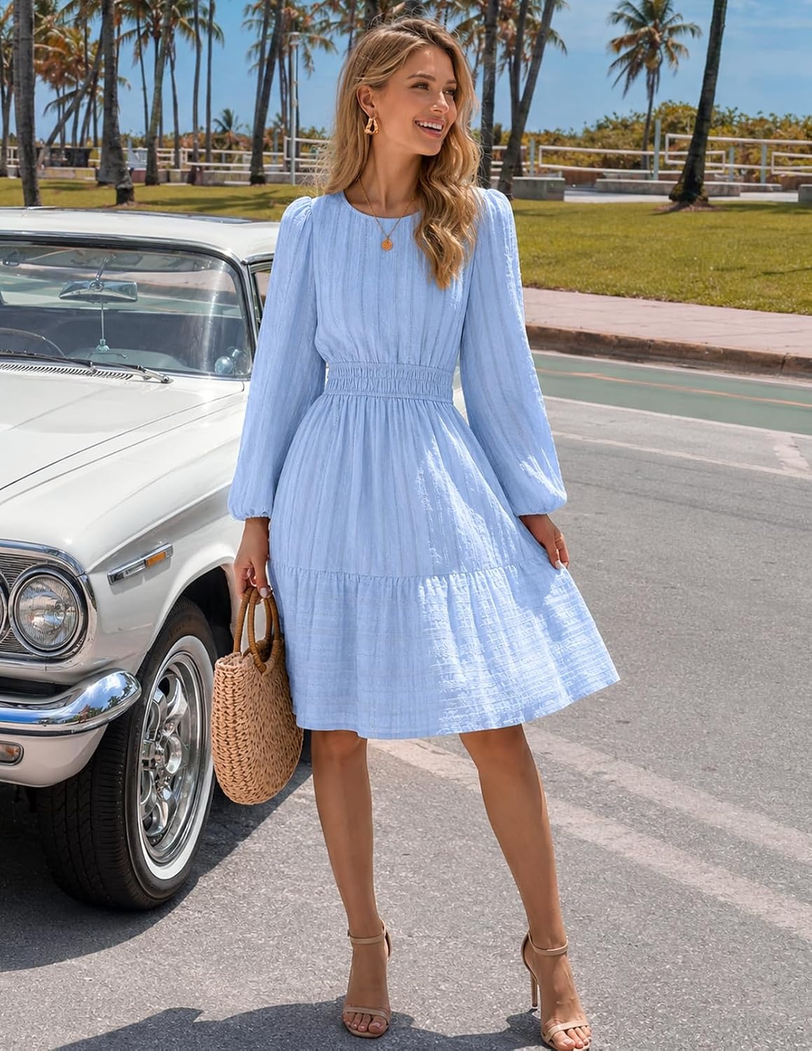 image:imageMEROKEETY Womens Fall Long Puff Sleeve Casual Boho Flowy Dress Crew Neck Elastic Waist Tiered Ruffle Hem Cotton A Line Mini Vacation Dresses Bridal Shower Cocktail Date Night OutfitsBlue
