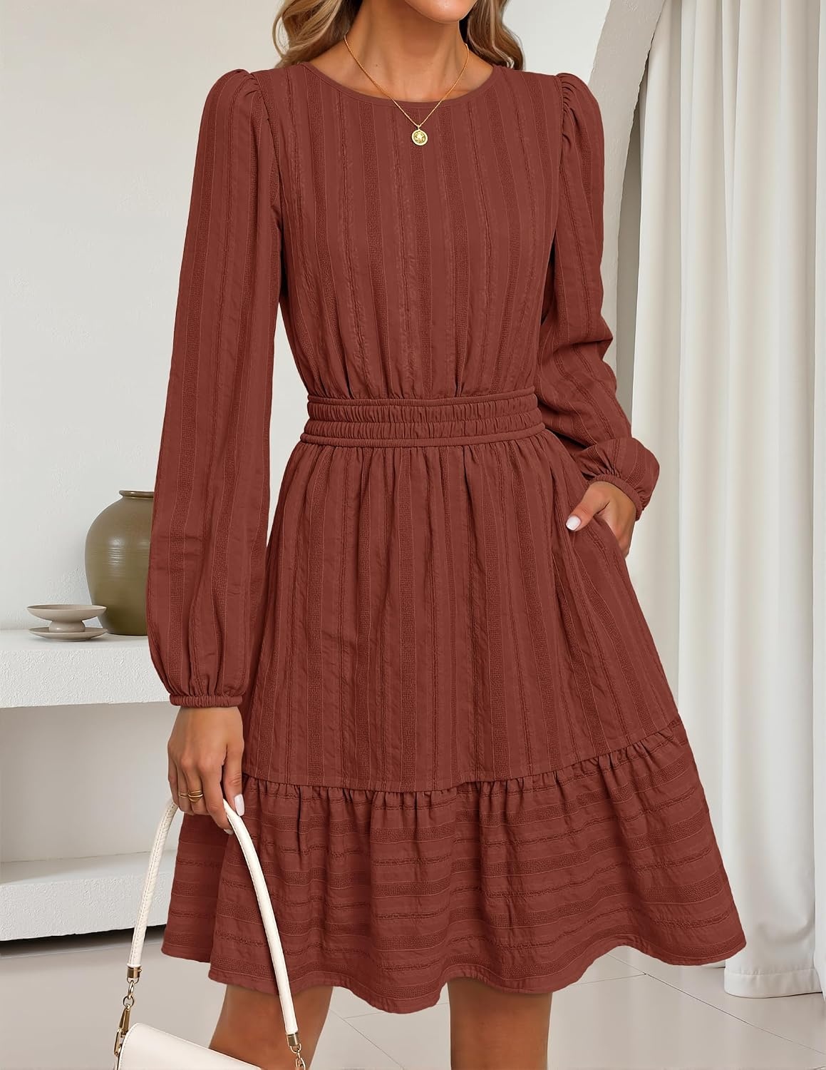 image:imageMEROKEETY Womens Fall Long Puff Sleeve Casual Boho Flowy Dress Crew Neck Elastic Waist Tiered Ruffle Hem Cotton A Line Mini Vacation Dresses Bridal Shower Cocktail Date Night OutfitsBrown Red