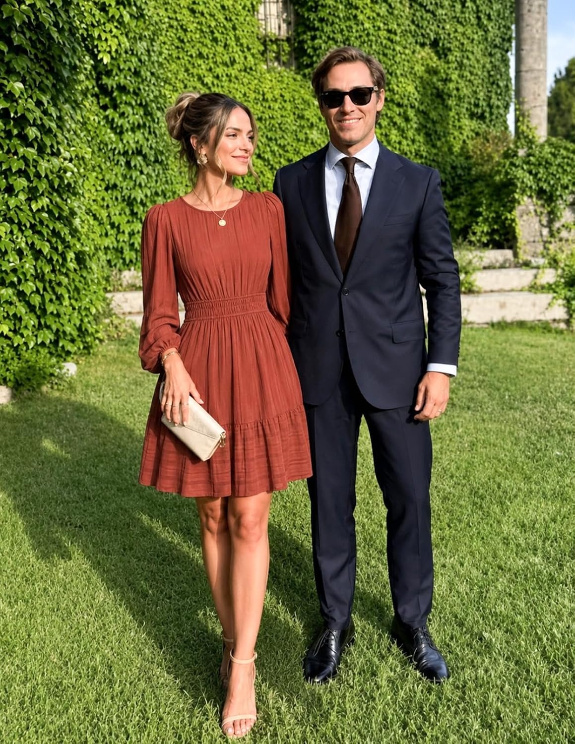 image:imageMEROKEETY Womens Fall Long Puff Sleeve Casual Boho Flowy Dress Crew Neck Elastic Waist Tiered Ruffle Hem Cotton A Line Mini Vacation Dresses Bridal Shower Cocktail Date Night OutfitsBrown Red