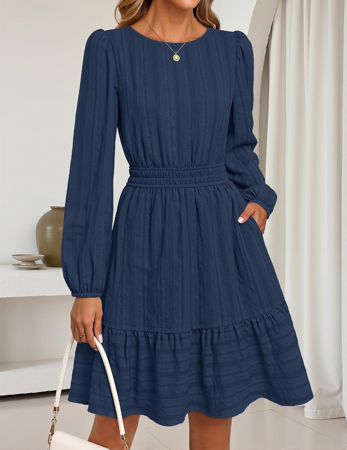 image:imageMEROKEETY Womens Fall Long Puff Sleeve Casual Boho Flowy Dress Crew Neck Elastic Waist Tiered Ruffle Hem Cotton A Line Mini Vacation Dresses Bridal Shower Cocktail Date Night OutfitsNavy