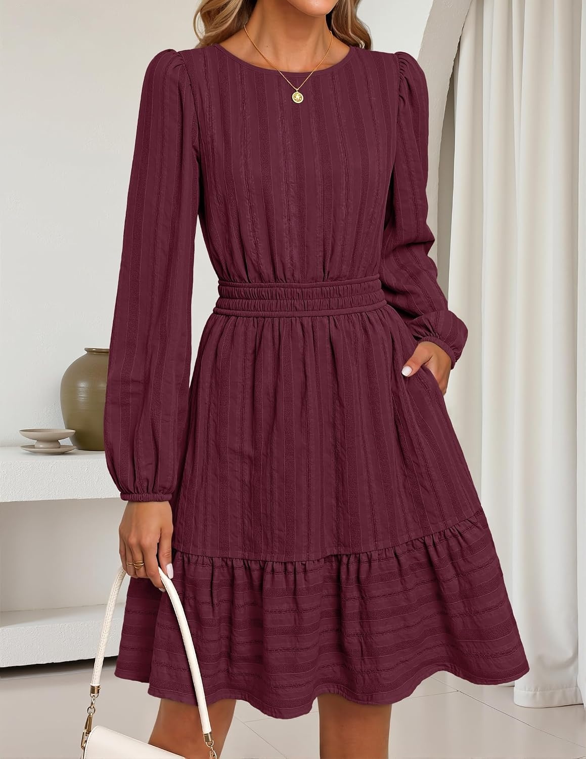image:imageMEROKEETY Womens Fall Long Puff Sleeve Casual Boho Flowy Dress Crew Neck Elastic Waist Tiered Ruffle Hem Cotton A Line Mini Vacation Dresses Bridal Shower Cocktail Date Night OutfitsBurgundy