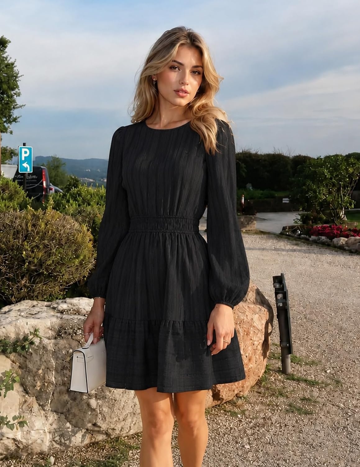 image:imageMEROKEETY Womens Fall Long Puff Sleeve Casual Boho Flowy Dress Crew Neck Elastic Waist Tiered Ruffle Hem Cotton A Line Mini Vacation Dresses Bridal Shower Cocktail Date Night OutfitsBlack
