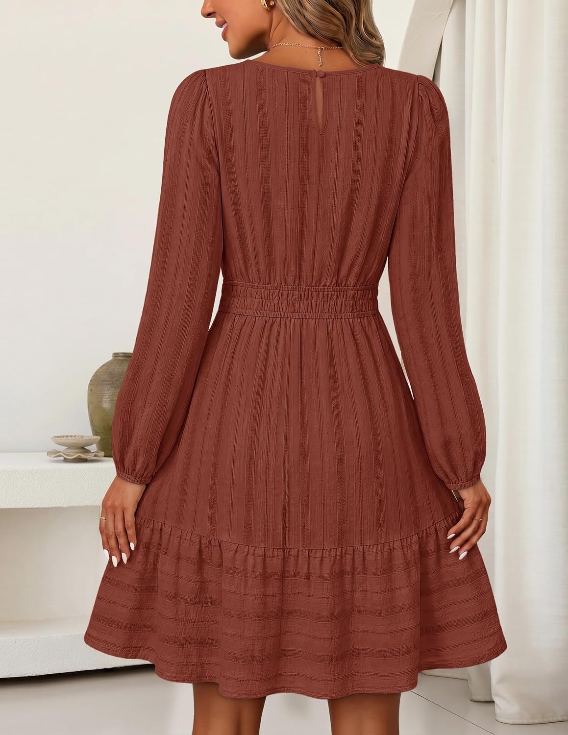 image:imageMEROKEETY Womens Fall Long Puff Sleeve Casual Boho Flowy Dress Crew Neck Elastic Waist Tiered Ruffle Hem Cotton A Line Mini Vacation Dresses Bridal Shower Cocktail Date Night OutfitsBrown Red