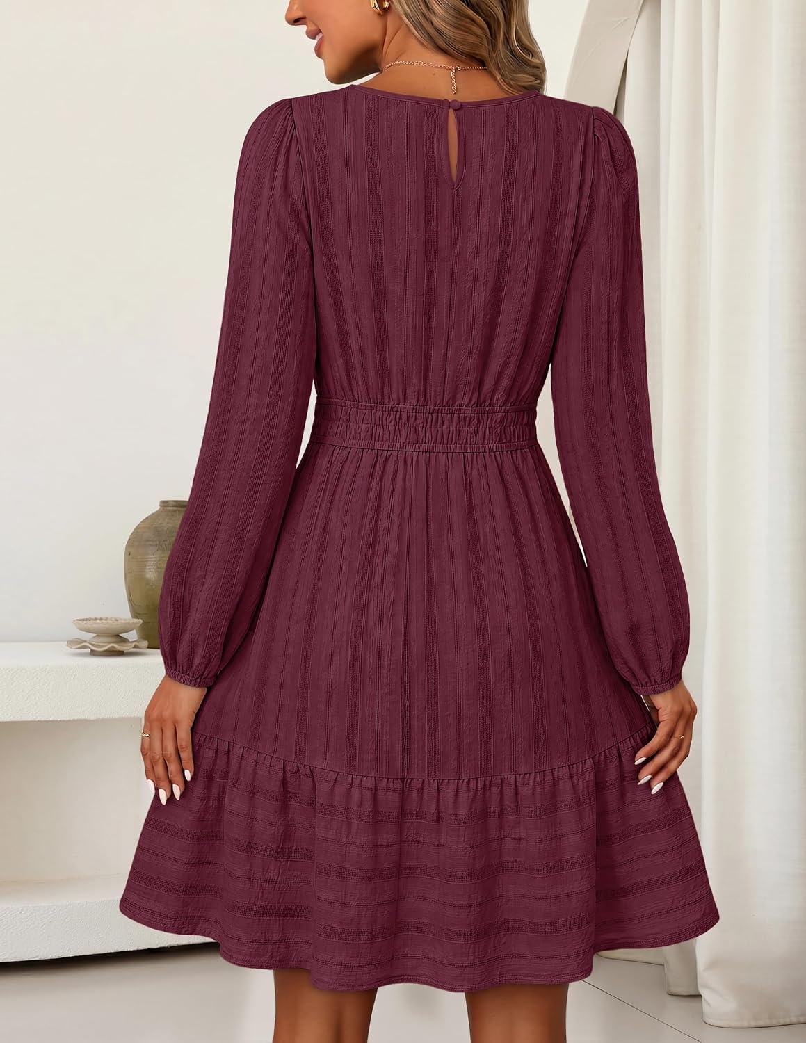 image:imageMEROKEETY Womens Fall Long Puff Sleeve Casual Boho Flowy Dress Crew Neck Elastic Waist Tiered Ruffle Hem Cotton A Line Mini Vacation Dresses Bridal Shower Cocktail Date Night OutfitsBurgundy