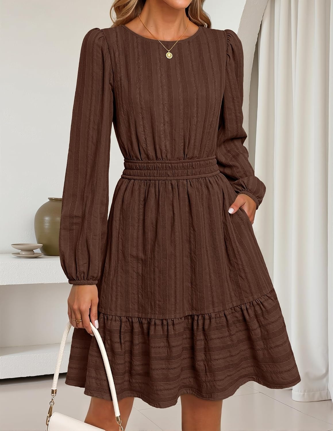 image:imageMEROKEETY Womens Fall Long Puff Sleeve Casual Boho Flowy Dress Crew Neck Elastic Waist Tiered Ruffle Hem Cotton A Line Mini Vacation Dresses Bridal Shower Cocktail Date Night OutfitsCoffee
