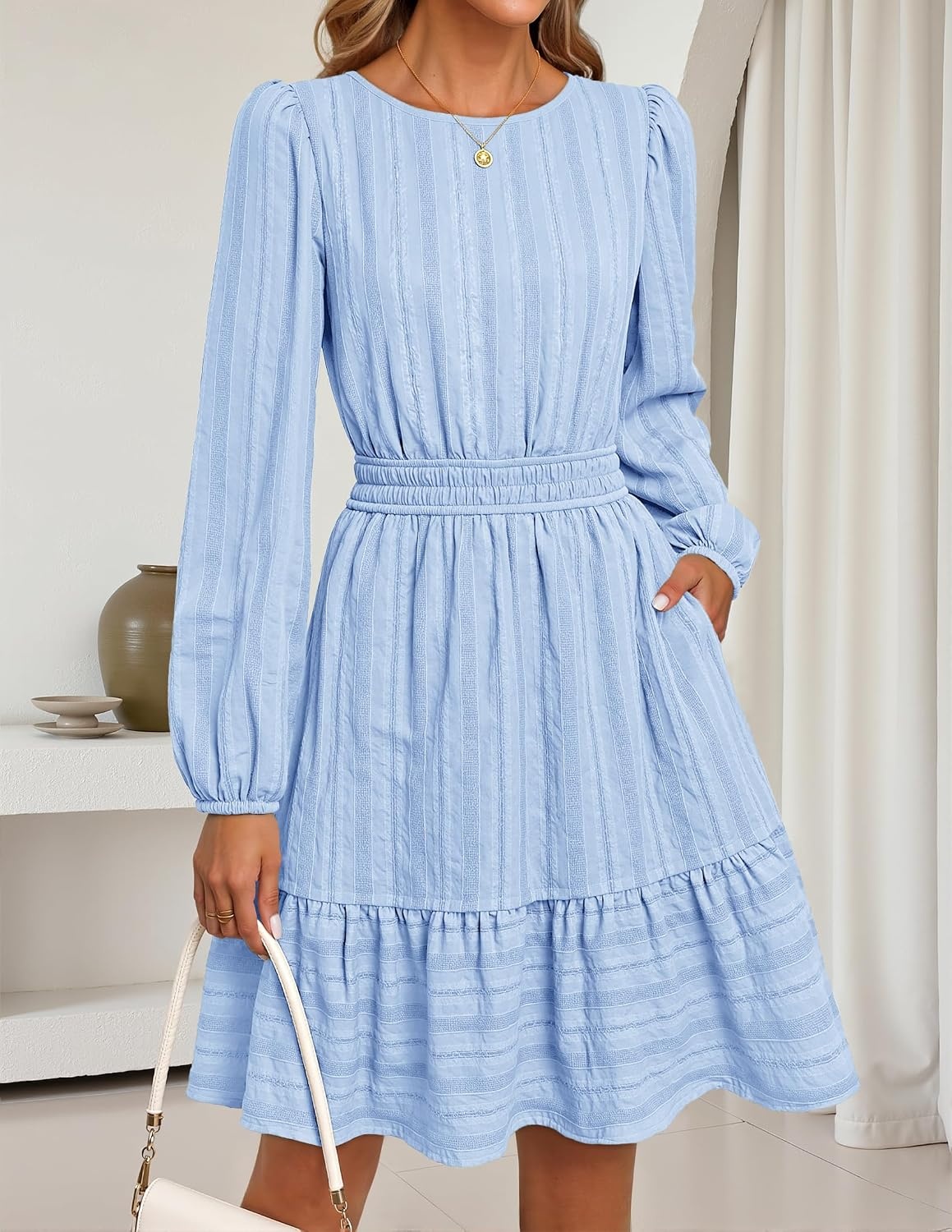 image:imageMEROKEETY Womens Fall Long Puff Sleeve Casual Boho Flowy Dress Crew Neck Elastic Waist Tiered Ruffle Hem Cotton A Line Mini Vacation Dresses Bridal Shower Cocktail Date Night OutfitsBlue