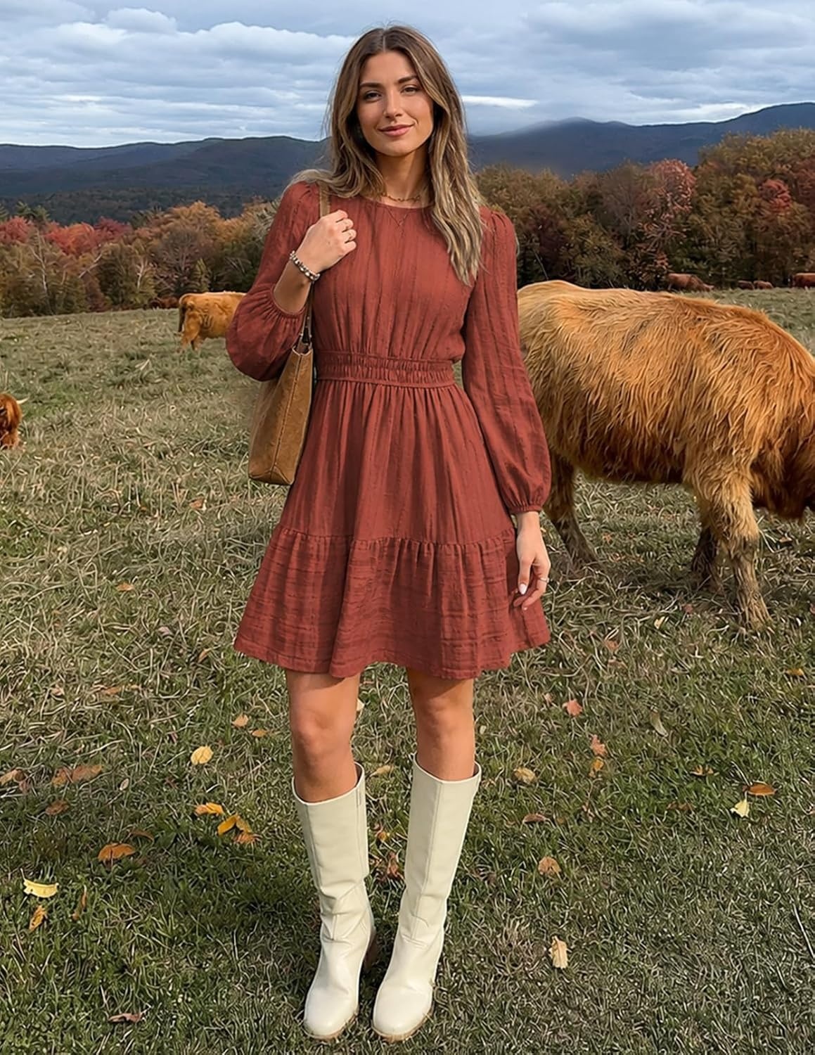 image:imageMEROKEETY Womens Fall Long Puff Sleeve Casual Boho Flowy Dress Crew Neck Elastic Waist Tiered Ruffle Hem Cotton A Line Mini Vacation Dresses Bridal Shower Cocktail Date Night OutfitsBrown Red