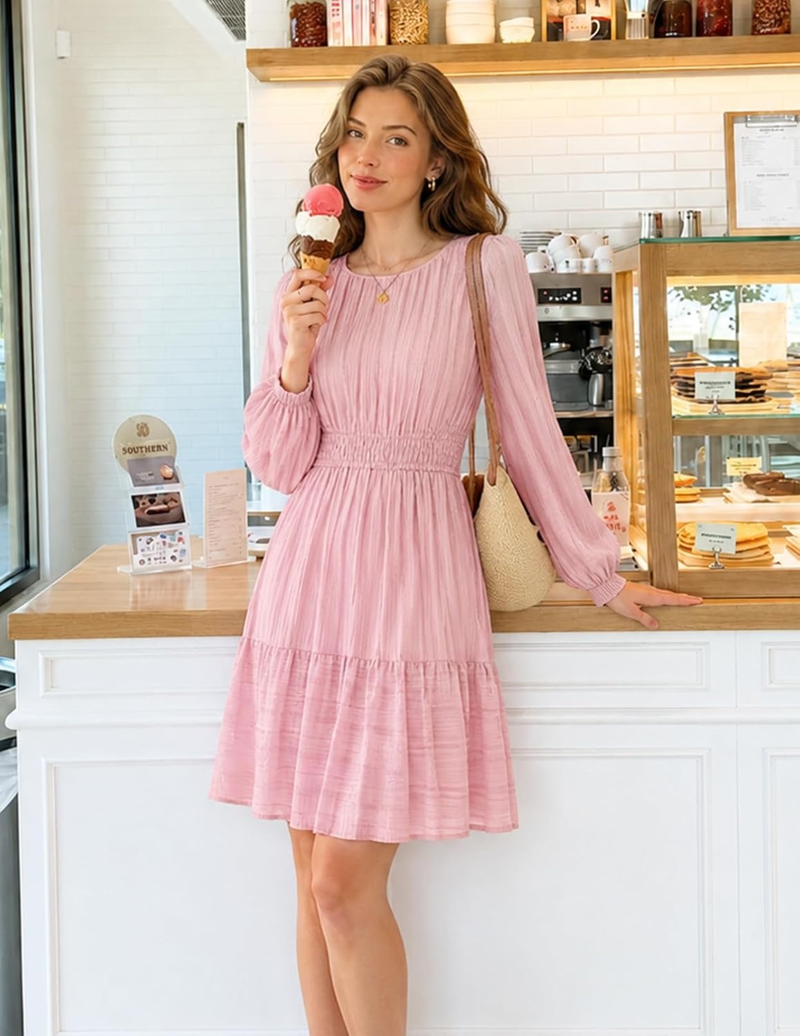 image:imageMEROKEETY Womens Fall Long Puff Sleeve Casual Boho Flowy Dress Crew Neck Elastic Waist Tiered Ruffle Hem Cotton A Line Mini Vacation Dresses Bridal Shower Cocktail Date Night OutfitsPink
