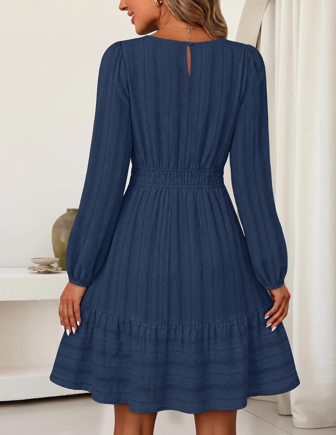 image:imageMEROKEETY Womens Fall Long Puff Sleeve Casual Boho Flowy Dress Crew Neck Elastic Waist Tiered Ruffle Hem Cotton A Line Mini Vacation Dresses Bridal Shower Cocktail Date Night OutfitsNavy