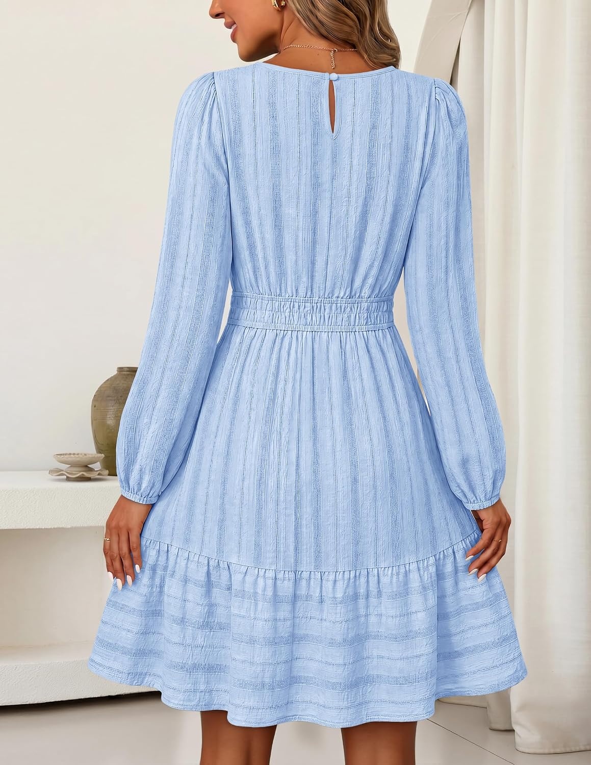 image:imageMEROKEETY Womens Fall Long Puff Sleeve Casual Boho Flowy Dress Crew Neck Elastic Waist Tiered Ruffle Hem Cotton A Line Mini Vacation Dresses Bridal Shower Cocktail Date Night OutfitsBlue