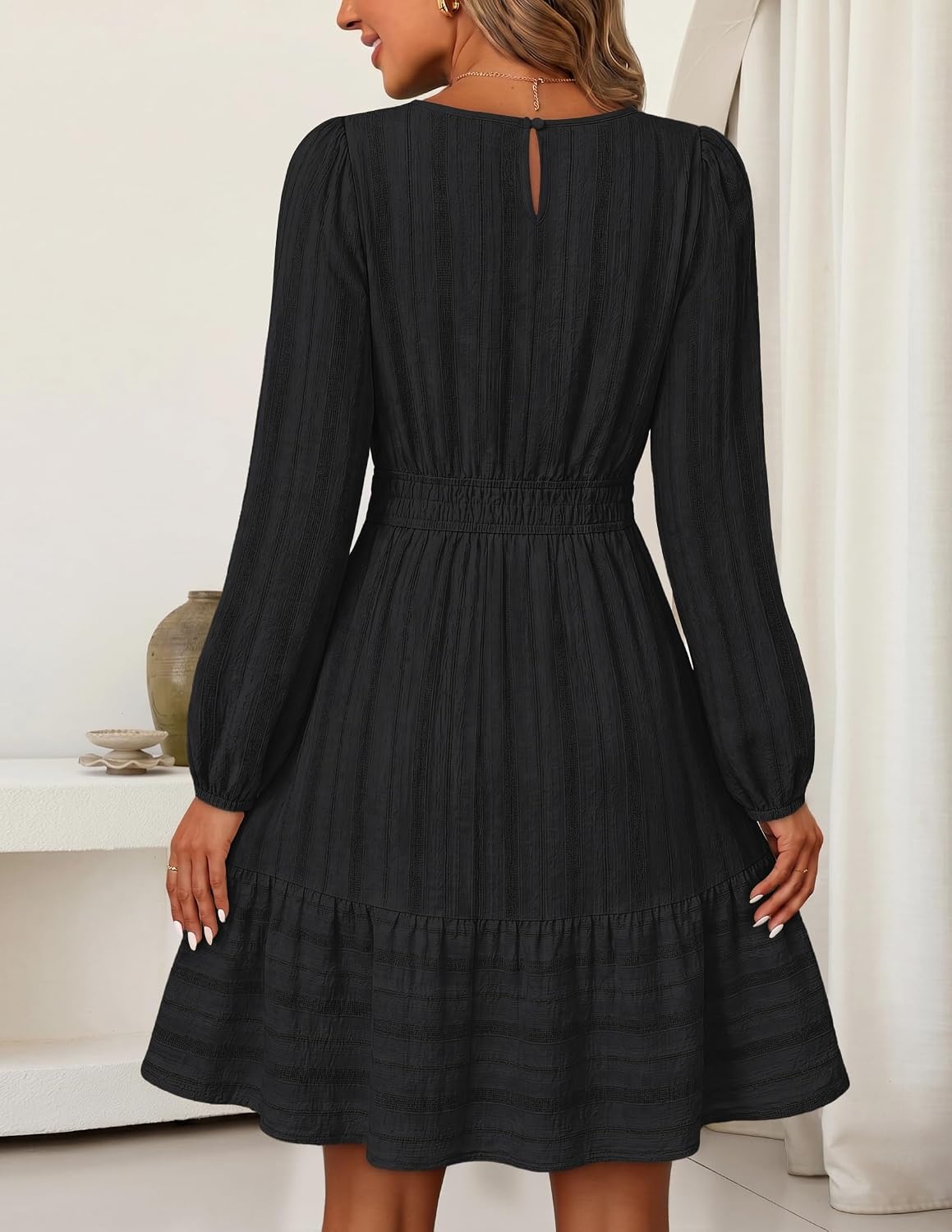 image:imageMEROKEETY Womens Fall Long Puff Sleeve Casual Boho Flowy Dress Crew Neck Elastic Waist Tiered Ruffle Hem Cotton A Line Mini Vacation Dresses Bridal Shower Cocktail Date Night OutfitsBlack