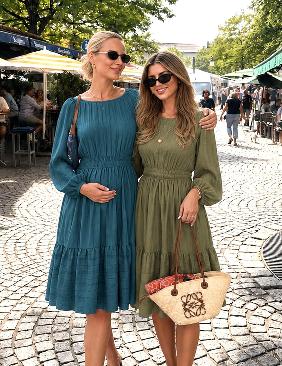 image:imageMEROKEETY Womens Fall Long Puff Sleeve Casual Boho Flowy Dress Crew Neck Elastic Waist Tiered Ruffle Hem Cotton A Line Mini Vacation Dresses Bridal Shower Cocktail Date Night OutfitsArmy