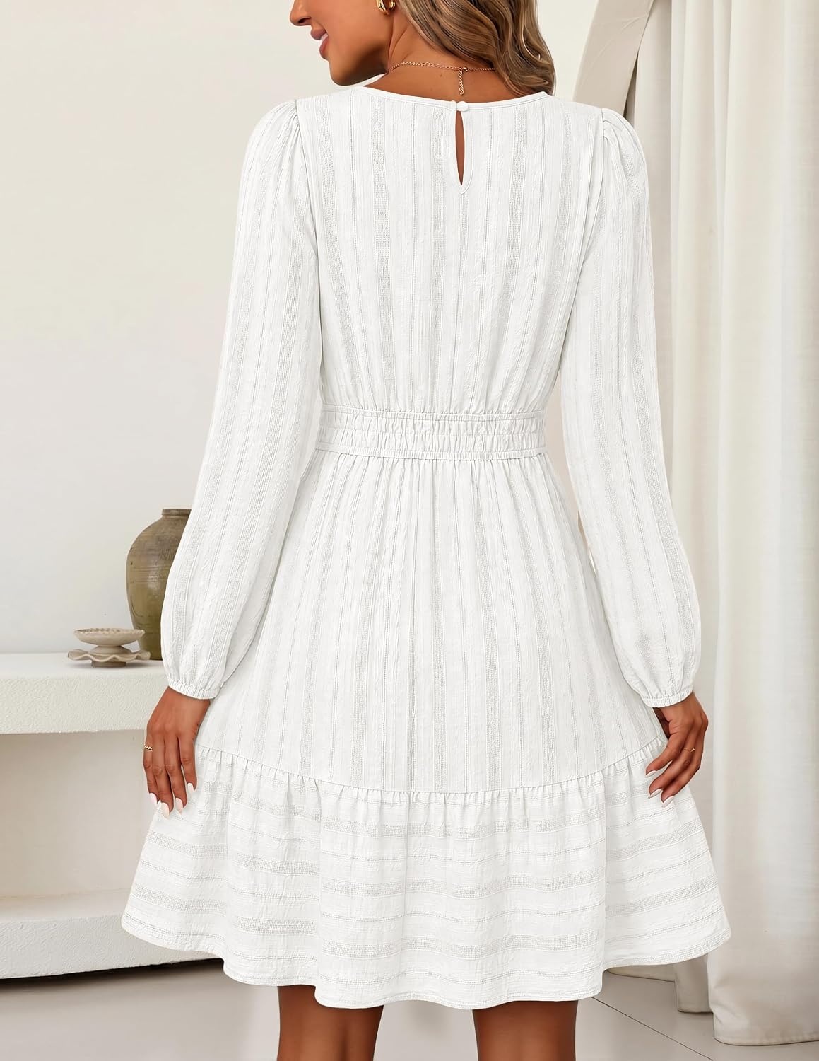 image:imageMEROKEETY Womens Fall Long Puff Sleeve Casual Boho Flowy Dress Crew Neck Elastic Waist Tiered Ruffle Hem Cotton A Line Mini Vacation Dresses Bridal Shower Cocktail Date Night OutfitsWhite