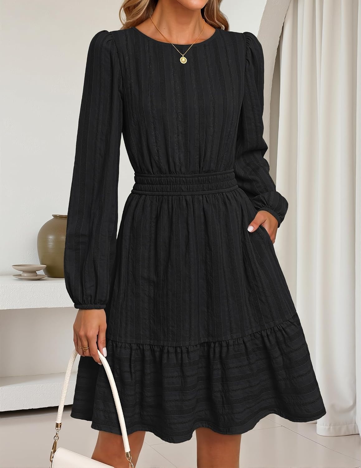 image:imageMEROKEETY Womens Fall Long Puff Sleeve Casual Boho Flowy Dress Crew Neck Elastic Waist Tiered Ruffle Hem Cotton A Line Mini Vacation Dresses Bridal Shower Cocktail Date Night OutfitsBlack