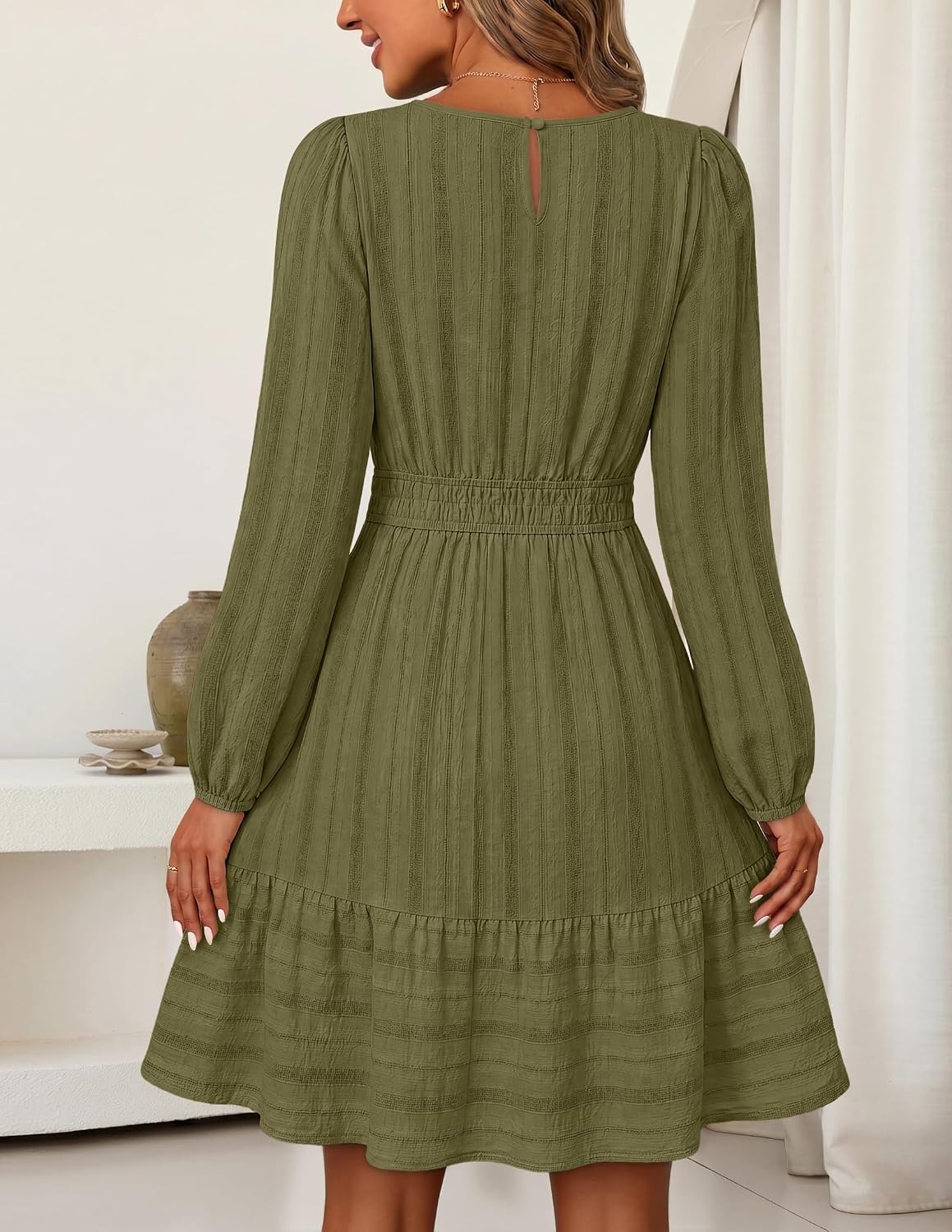 image:imageMEROKEETY Womens Fall Long Puff Sleeve Casual Boho Flowy Dress Crew Neck Elastic Waist Tiered Ruffle Hem Cotton A Line Mini Vacation Dresses Bridal Shower Cocktail Date Night OutfitsArmy