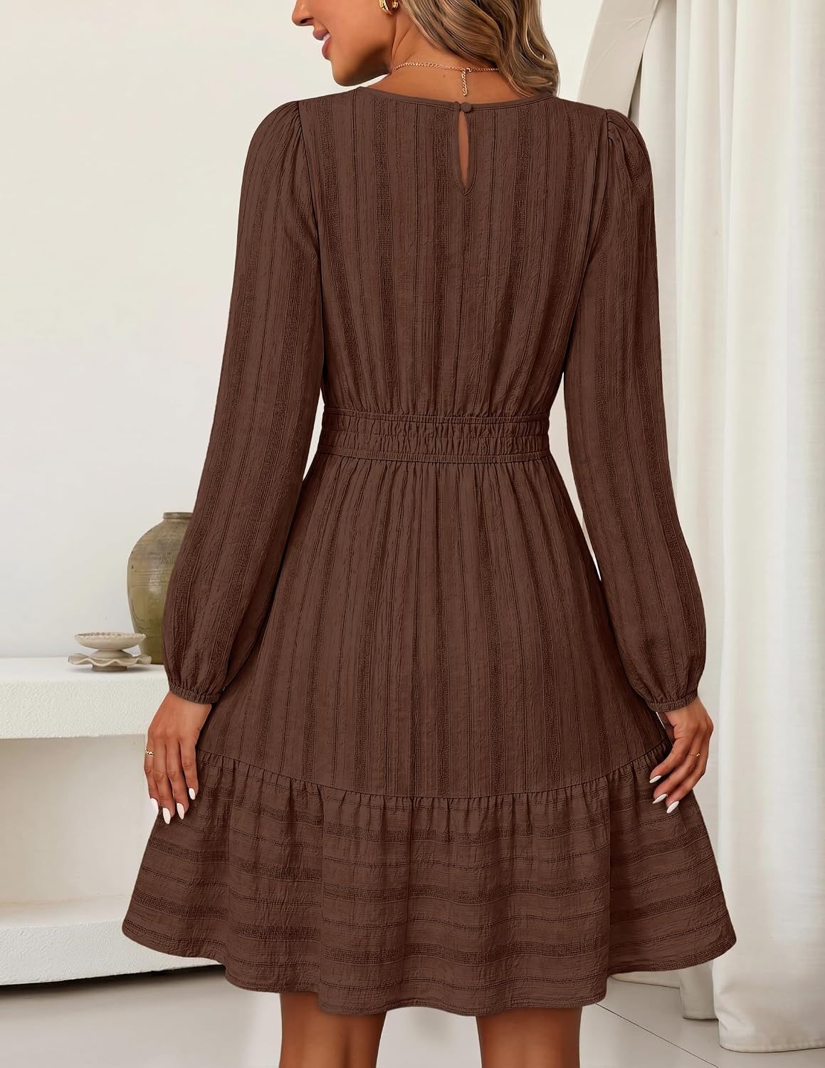 image:imageMEROKEETY Womens Fall Long Puff Sleeve Casual Boho Flowy Dress Crew Neck Elastic Waist Tiered Ruffle Hem Cotton A Line Mini Vacation Dresses Bridal Shower Cocktail Date Night OutfitsCoffee