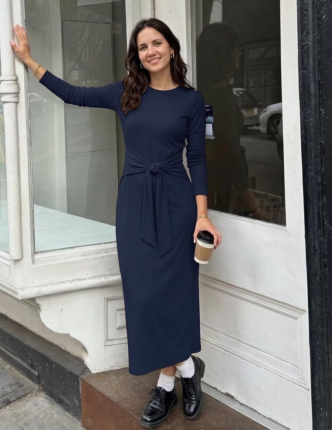 image:imageMEROKEETY Womens Fall Long Sleeve Casual T Shirt Maxi Dresses Tie Waist Wrap Crew Neck Business Casual Work Long Dress Elegant Knit Stretchy and Soft Winter Going Out ClothesNavy