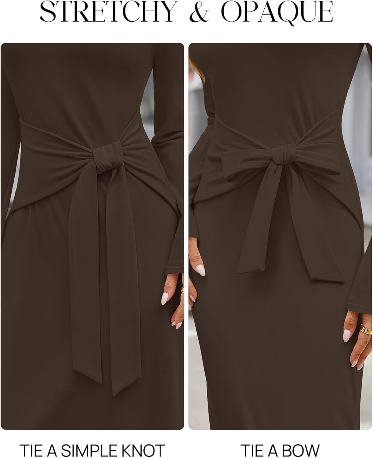 image:imageMEROKEETY Womens Fall Long Sleeve Casual T Shirt Maxi Dresses Tie Waist Wrap Crew Neck Business Casual Work Long Dress Elegant Knit Stretchy and Soft Winter Going Out ClothesCoffee