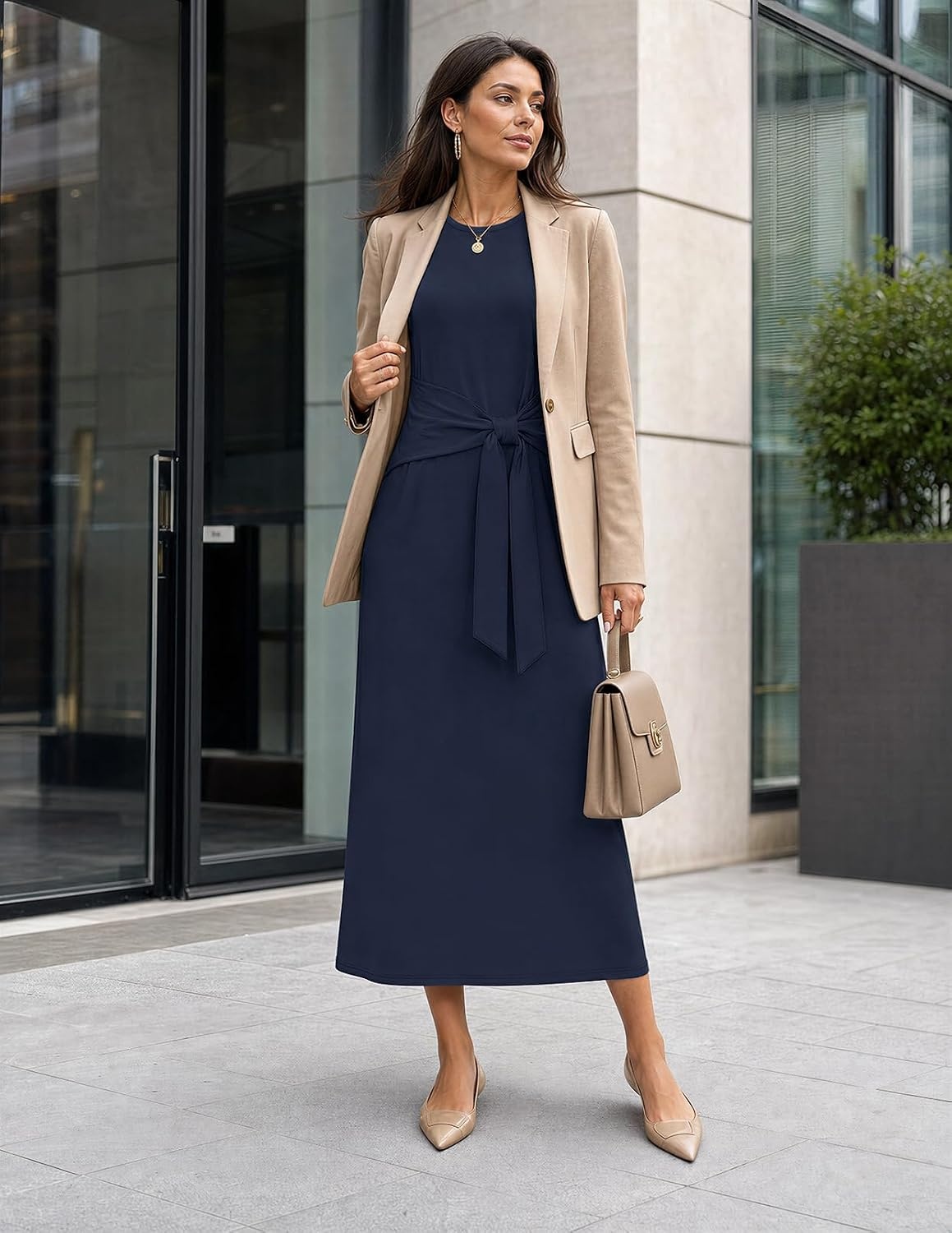 image:imageMEROKEETY Womens Fall Long Sleeve Casual T Shirt Maxi Dresses Tie Waist Wrap Crew Neck Business Casual Work Long Dress Elegant Knit Stretchy and Soft Winter Going Out ClothesNavy