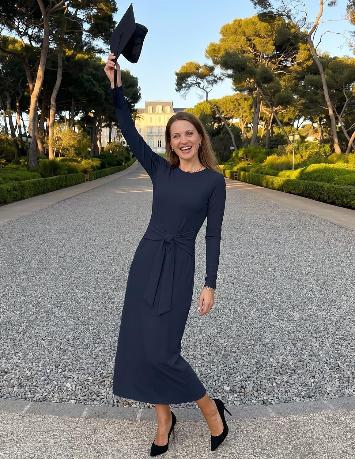 image:imageMEROKEETY Womens Fall Long Sleeve Casual T Shirt Maxi Dresses Tie Waist Wrap Crew Neck Business Casual Work Long Dress Elegant Knit Stretchy and Soft Winter Going Out ClothesNavy