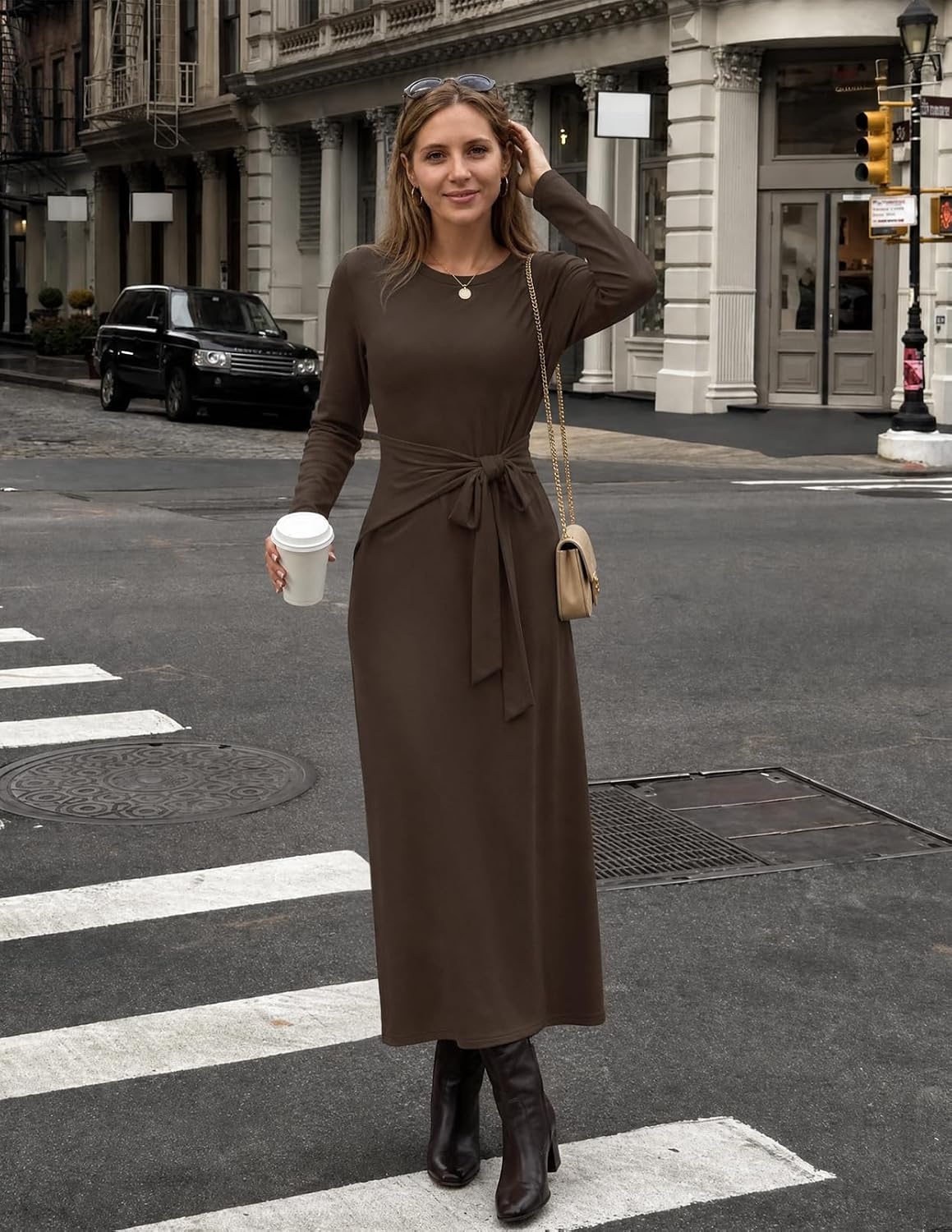 image:imageMEROKEETY Womens Fall Long Sleeve Casual T Shirt Maxi Dresses Tie Waist Wrap Crew Neck Business Casual Work Long Dress Elegant Knit Stretchy and Soft Winter Going Out ClothesCoffee