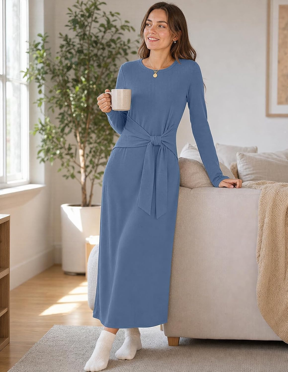 image:imageMEROKEETY Womens Fall Long Sleeve Casual T Shirt Maxi Dresses Tie Waist Wrap Crew Neck Business Casual Work Long Dress Elegant Knit Stretchy and Soft Winter Going Out ClothesDusty Blue