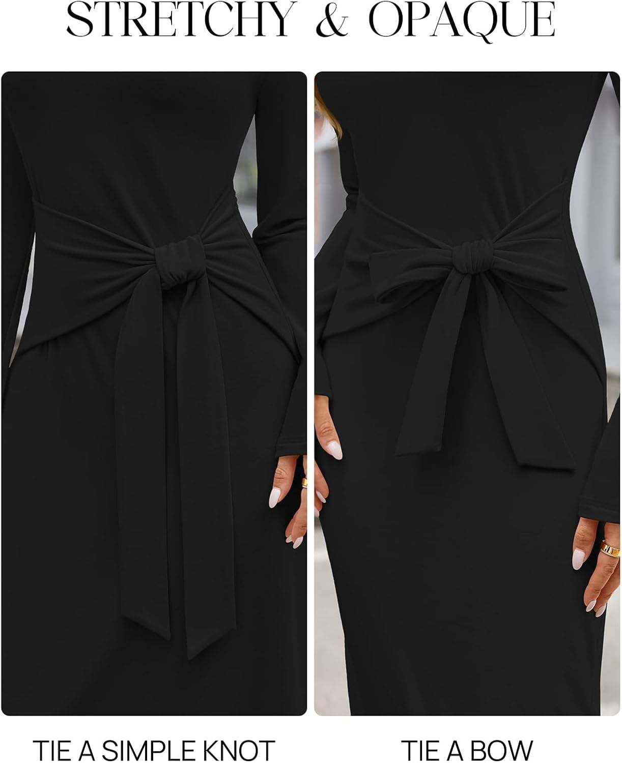 image:imageMEROKEETY Womens Fall Long Sleeve Casual T Shirt Maxi Dresses Tie Waist Wrap Crew Neck Business Casual Work Long Dress Elegant Knit Stretchy and Soft Winter Going Out ClothesBlack