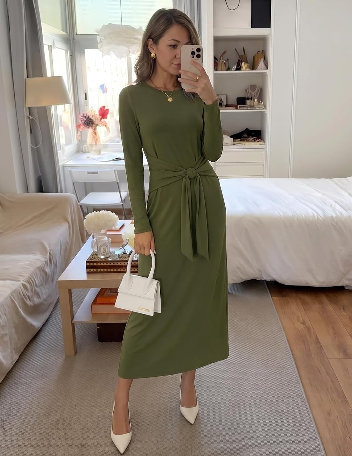 image:imageMEROKEETY Womens Fall Long Sleeve Casual T Shirt Maxi Dresses Tie Waist Wrap Crew Neck Business Casual Work Long Dress Elegant Knit Stretchy and Soft Winter Going Out ClothesArmy