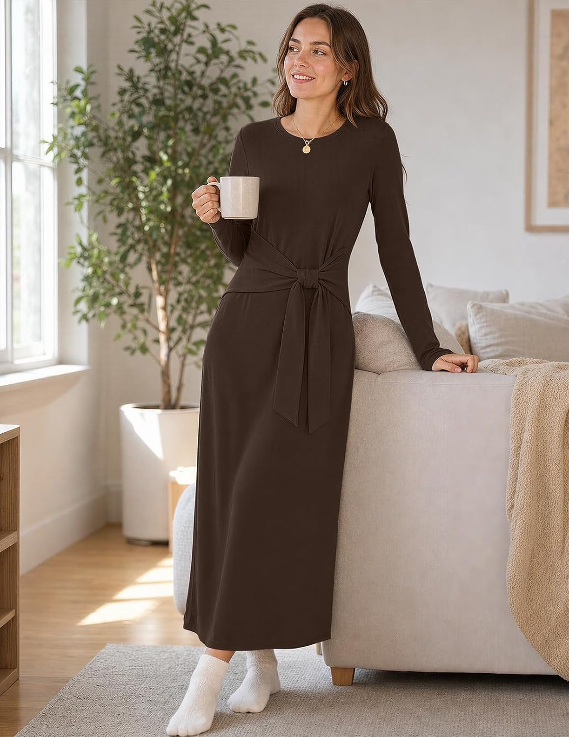 image:imageMEROKEETY Womens Fall Long Sleeve Casual T Shirt Maxi Dresses Tie Waist Wrap Crew Neck Business Casual Work Long Dress Elegant Knit Stretchy and Soft Winter Going Out ClothesCoffee