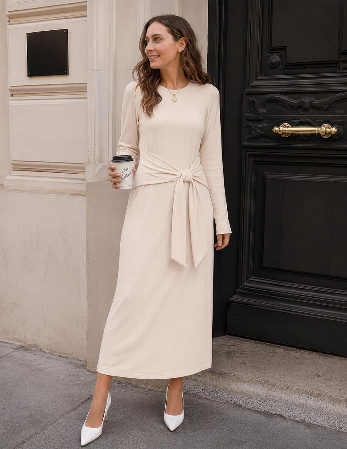 image:imageMEROKEETY Womens Fall Long Sleeve Casual T Shirt Maxi Dresses Tie Waist Wrap Crew Neck Business Casual Work Long Dress Elegant Knit Stretchy and Soft Winter Going Out ClothesBlush Pink