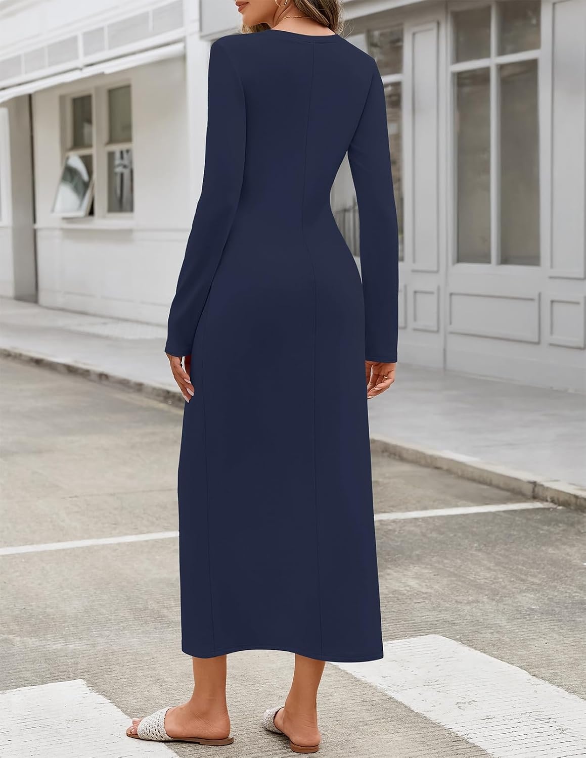 image:imageMEROKEETY Womens Fall Long Sleeve Casual T Shirt Maxi Dresses Tie Waist Wrap Crew Neck Business Casual Work Long Dress Elegant Knit Stretchy and Soft Winter Going Out ClothesNavy