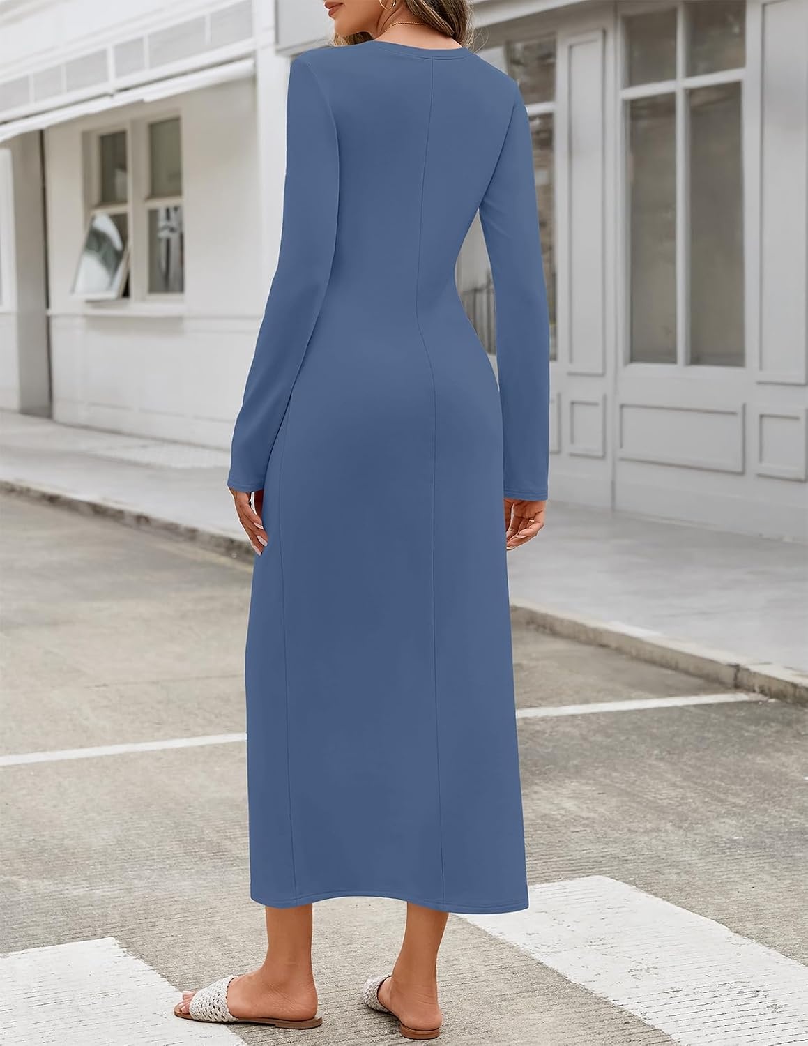 image:imageMEROKEETY Womens Fall Long Sleeve Casual T Shirt Maxi Dresses Tie Waist Wrap Crew Neck Business Casual Work Long Dress Elegant Knit Stretchy and Soft Winter Going Out ClothesDusty Blue