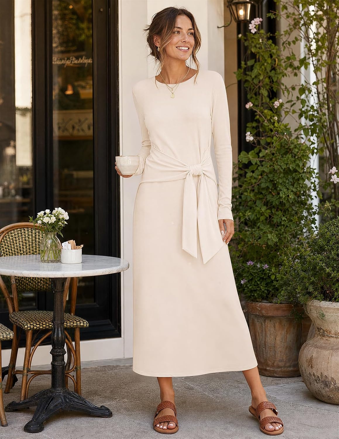 image:imageMEROKEETY Womens Fall Long Sleeve Casual T Shirt Maxi Dresses Tie Waist Wrap Crew Neck Business Casual Work Long Dress Elegant Knit Stretchy and Soft Winter Going Out ClothesBlush Pink