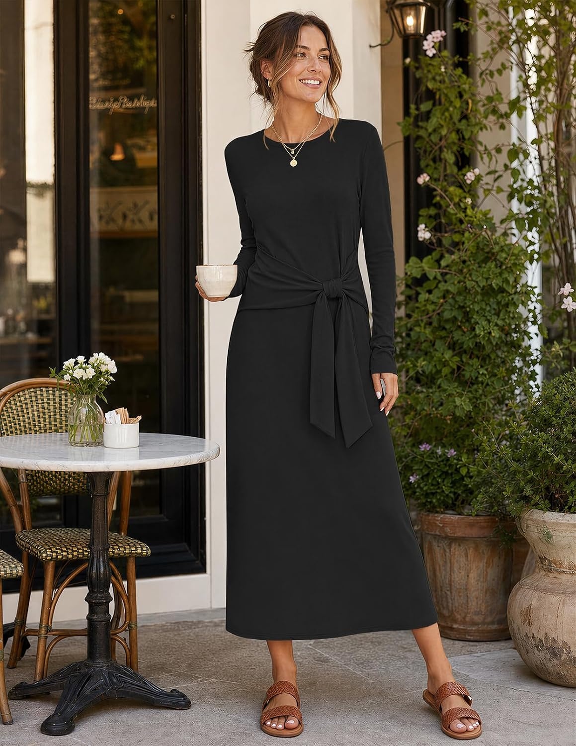 image:imageMEROKEETY Womens Fall Long Sleeve Casual T Shirt Maxi Dresses Tie Waist Wrap Crew Neck Business Casual Work Long Dress Elegant Knit Stretchy and Soft Winter Going Out ClothesBlack