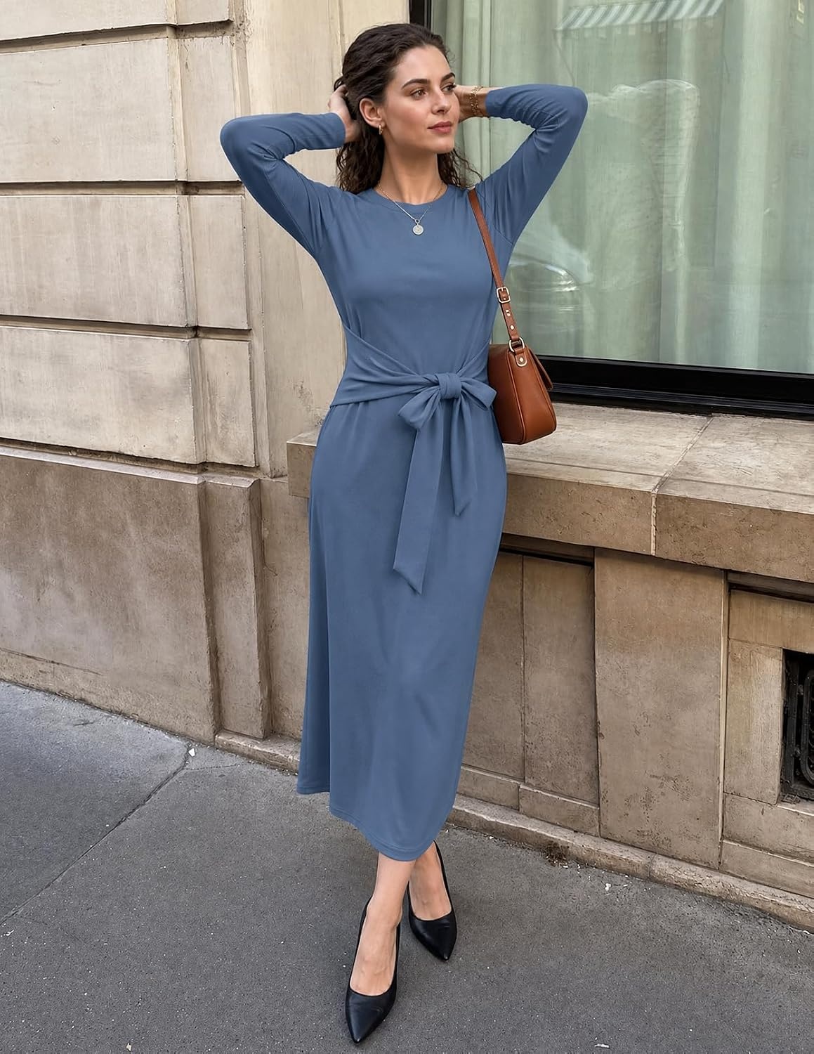 image:imageMEROKEETY Womens Fall Long Sleeve Casual T Shirt Maxi Dresses Tie Waist Wrap Crew Neck Business Casual Work Long Dress Elegant Knit Stretchy and Soft Winter Going Out ClothesDusty Blue