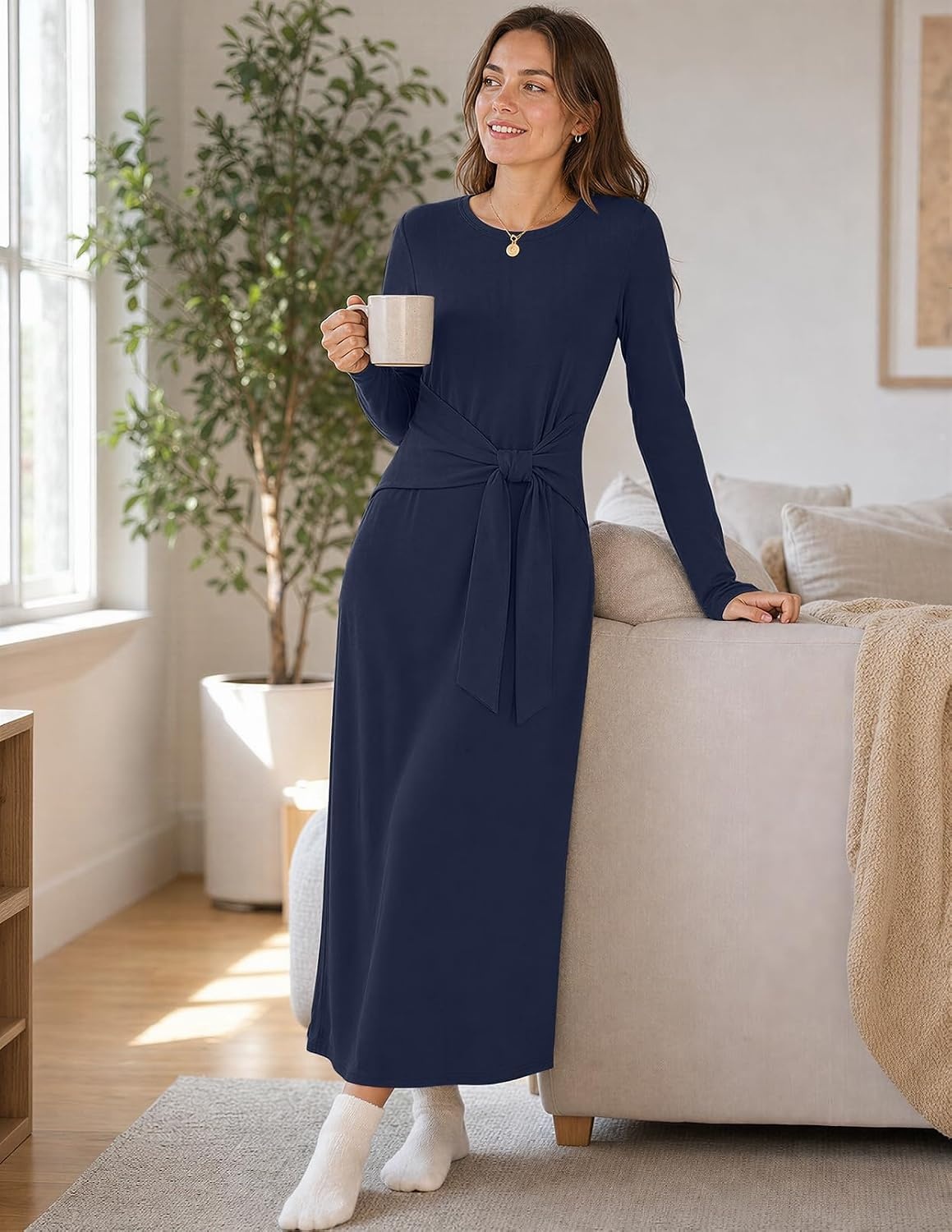 image:imageMEROKEETY Womens Fall Long Sleeve Casual T Shirt Maxi Dresses Tie Waist Wrap Crew Neck Business Casual Work Long Dress Elegant Knit Stretchy and Soft Winter Going Out ClothesNavy