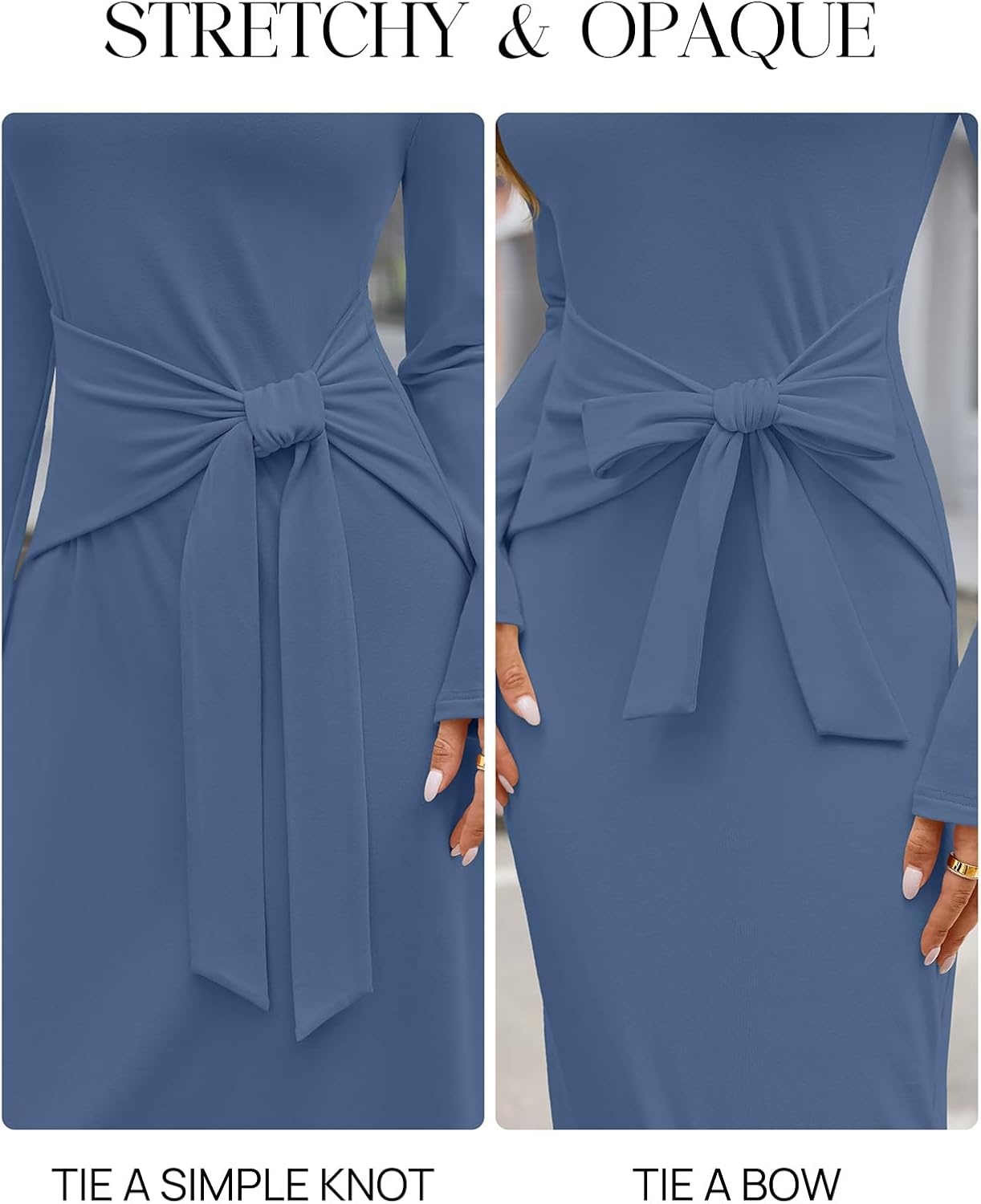 image:imageMEROKEETY Womens Fall Long Sleeve Casual T Shirt Maxi Dresses Tie Waist Wrap Crew Neck Business Casual Work Long Dress Elegant Knit Stretchy and Soft Winter Going Out ClothesDusty Blue