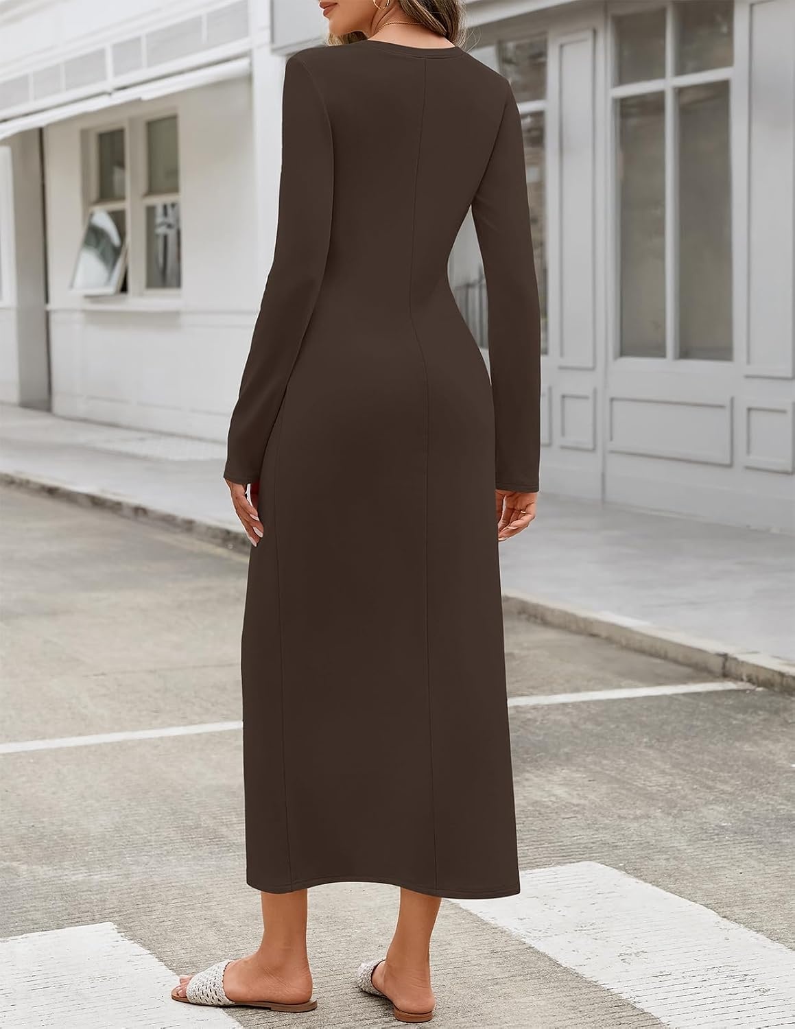 image:imageMEROKEETY Womens Fall Long Sleeve Casual T Shirt Maxi Dresses Tie Waist Wrap Crew Neck Business Casual Work Long Dress Elegant Knit Stretchy and Soft Winter Going Out ClothesCoffee