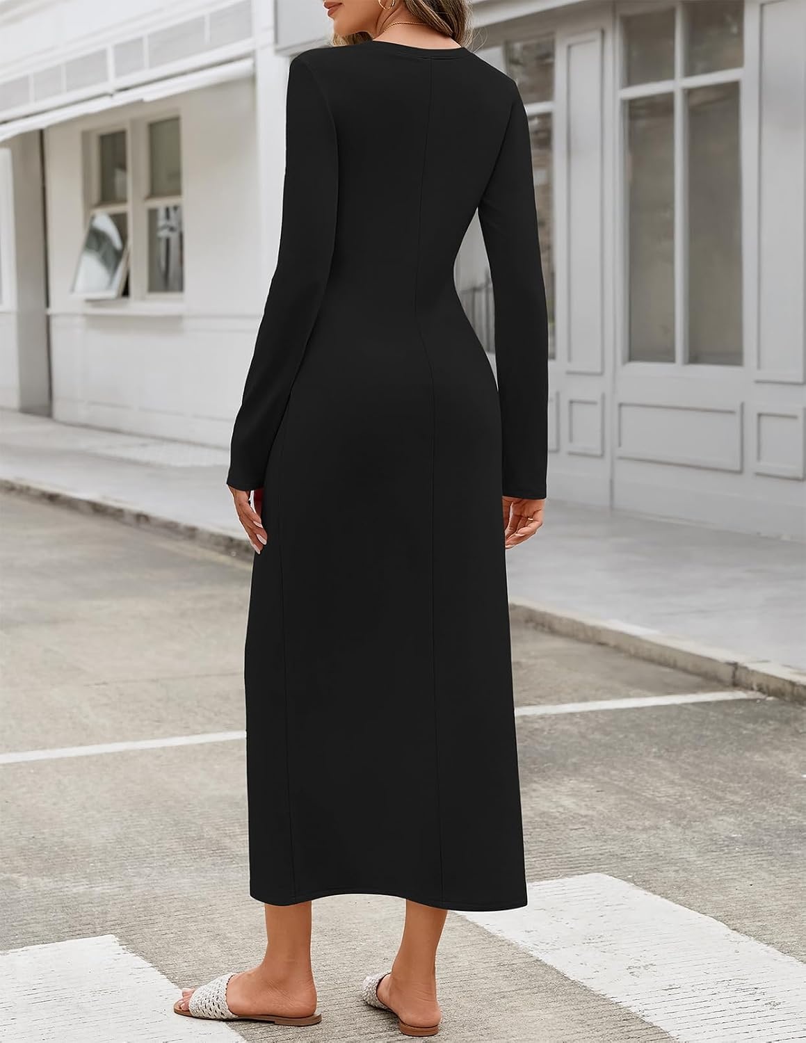 image:imageMEROKEETY Womens Fall Long Sleeve Casual T Shirt Maxi Dresses Tie Waist Wrap Crew Neck Business Casual Work Long Dress Elegant Knit Stretchy and Soft Winter Going Out ClothesBlack