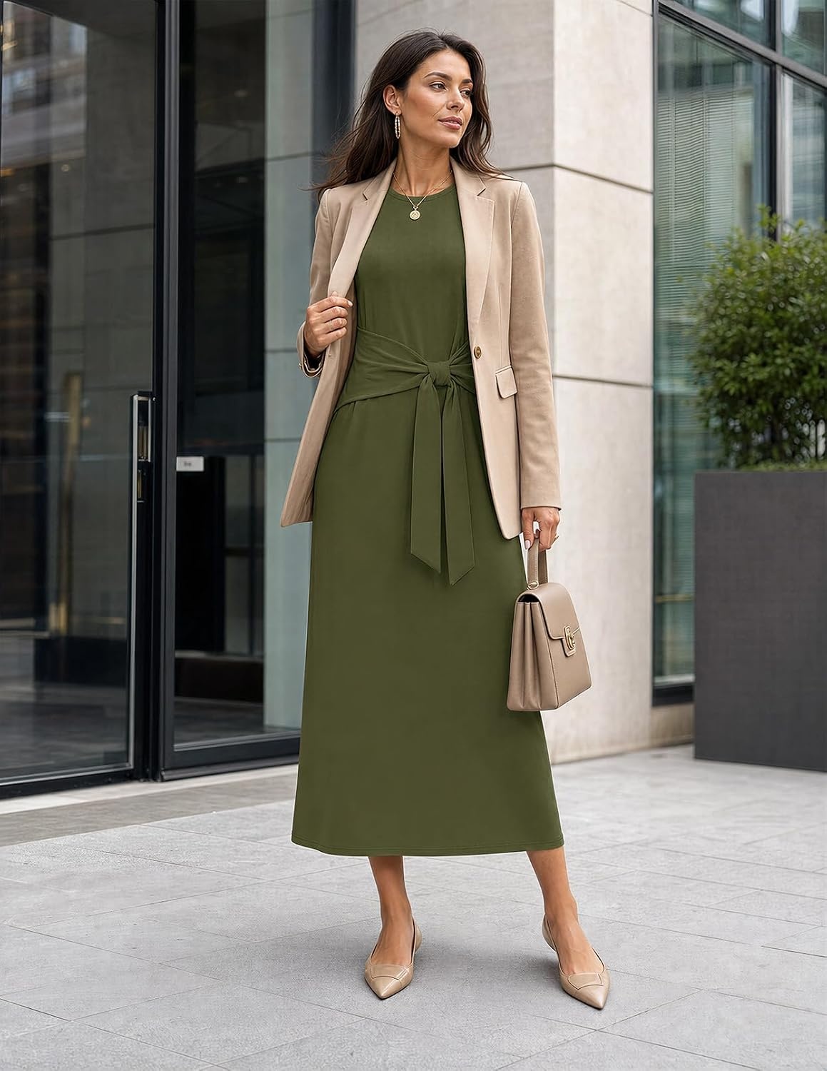 image:imageMEROKEETY Womens Fall Long Sleeve Casual T Shirt Maxi Dresses Tie Waist Wrap Crew Neck Business Casual Work Long Dress Elegant Knit Stretchy and Soft Winter Going Out ClothesArmy