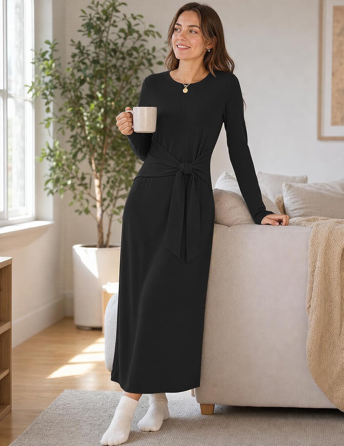 image:imageMEROKEETY Womens Fall Long Sleeve Casual T Shirt Maxi Dresses Tie Waist Wrap Crew Neck Business Casual Work Long Dress Elegant Knit Stretchy and Soft Winter Going Out ClothesBlack