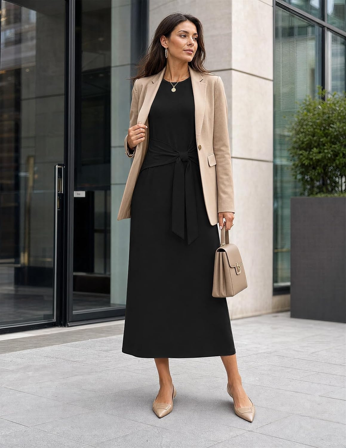 image:imageMEROKEETY Womens Fall Long Sleeve Casual T Shirt Maxi Dresses Tie Waist Wrap Crew Neck Business Casual Work Long Dress Elegant Knit Stretchy and Soft Winter Going Out ClothesBlack
