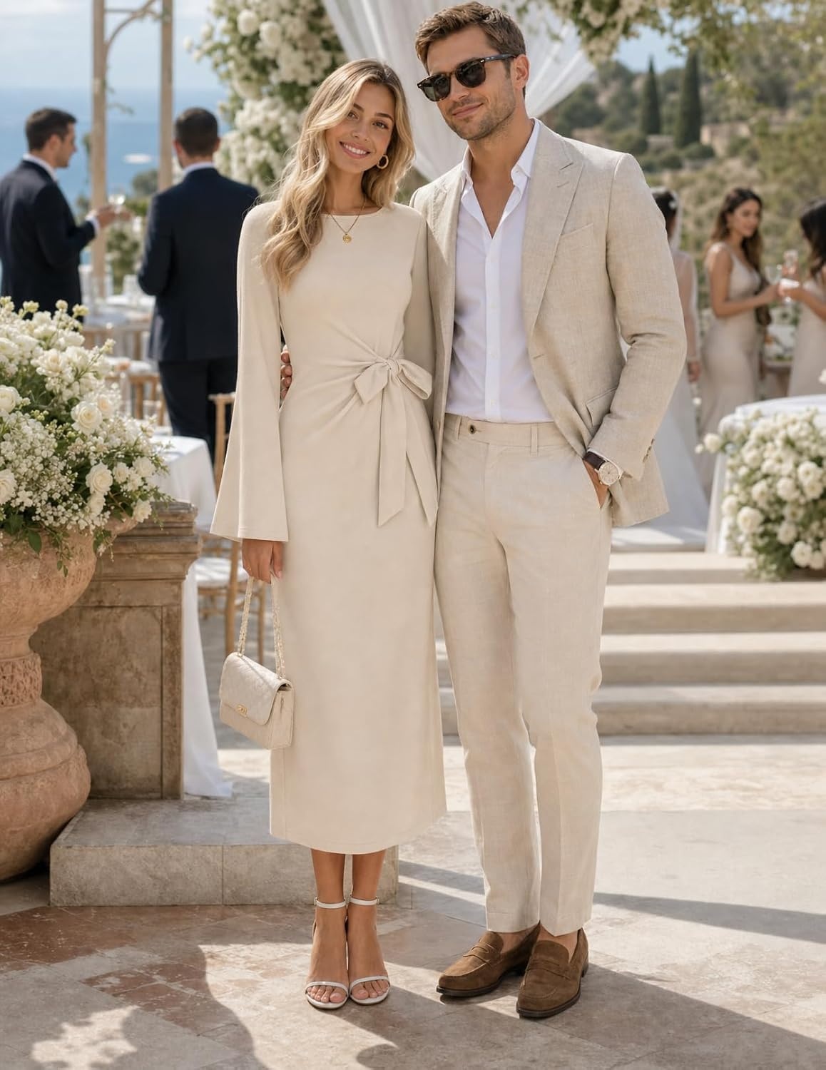 image:imageMEROKEETY Womens Fall Long Sleeve Midi Dress Tie Waist Boat Neck Back Slit Ruched Elegant Wedding Guest Cocktail DressesApricot