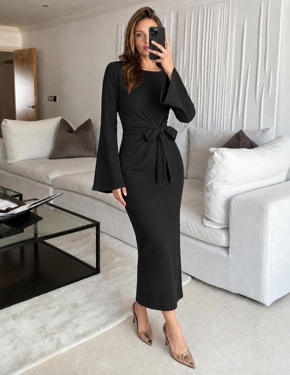 image:imageMEROKEETY Womens Fall Long Sleeve Midi Dress Tie Waist Boat Neck Back Slit Ruched Elegant Wedding Guest Cocktail DressesBlack