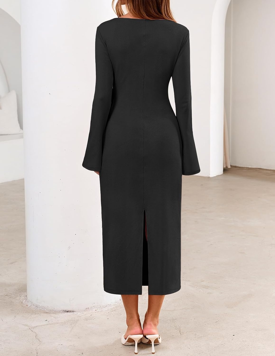 image:imageMEROKEETY Womens Fall Long Sleeve Midi Dress Tie Waist Boat Neck Back Slit Ruched Elegant Wedding Guest Cocktail DressesBlack