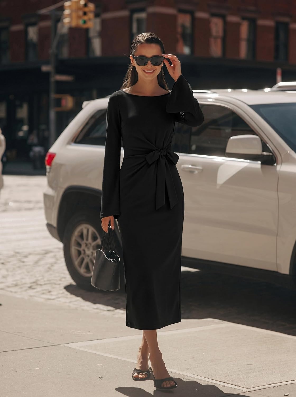 image:imageMEROKEETY Womens Fall Long Sleeve Midi Dress Tie Waist Boat Neck Back Slit Ruched Elegant Wedding Guest Cocktail DressesBlack