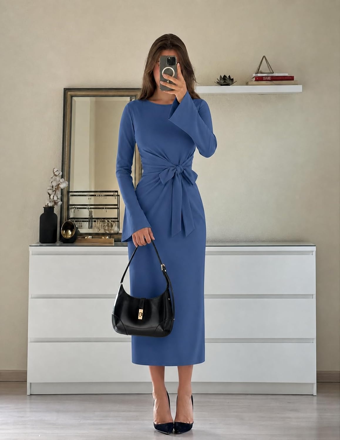 image:imageMEROKEETY Womens Fall Long Sleeve Midi Dress Tie Waist Boat Neck Back Slit Ruched Elegant Wedding Guest Cocktail DressesDustyblue