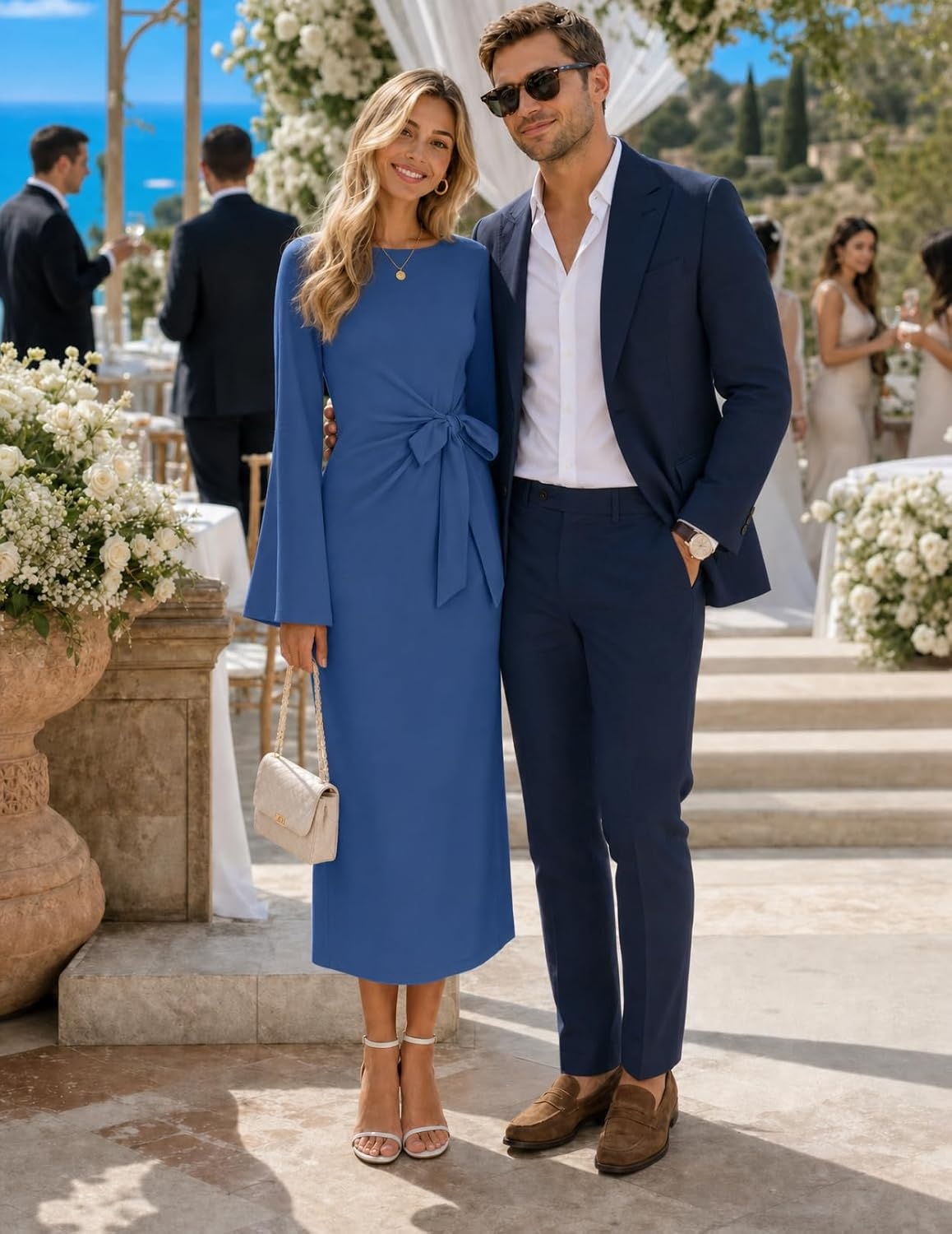 image:imageMEROKEETY Womens Fall Long Sleeve Midi Dress Tie Waist Boat Neck Back Slit Ruched Elegant Wedding Guest Cocktail DressesDustyblue